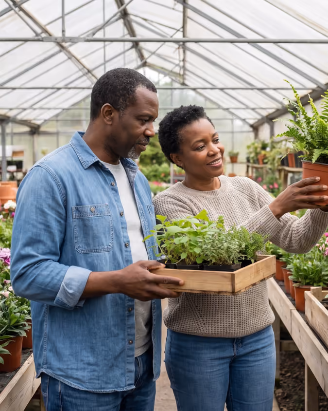 Smiling couple holding plants and looking at a potted fern in a greenhouse nursery.