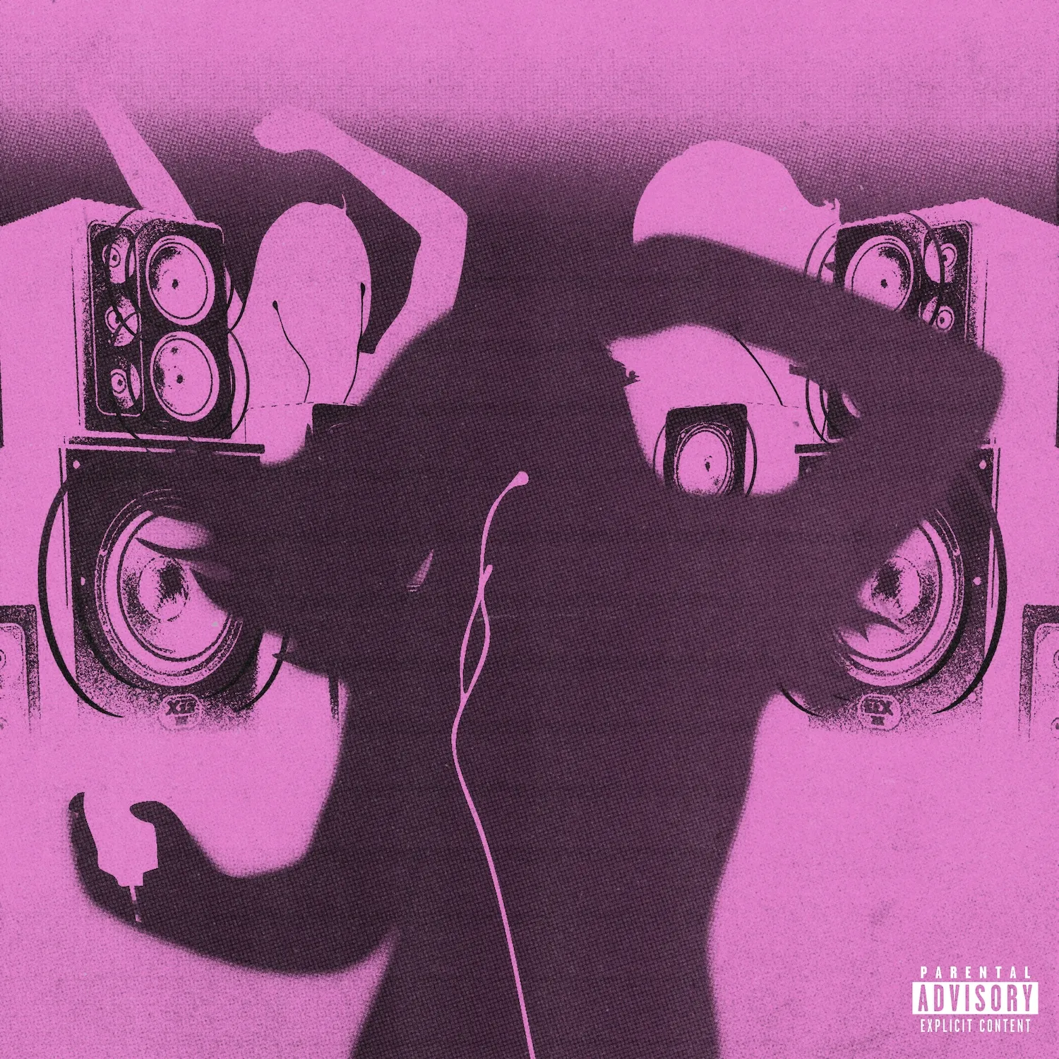Silhouette of person with speakers for head and headphones, vibrant pink and black colors