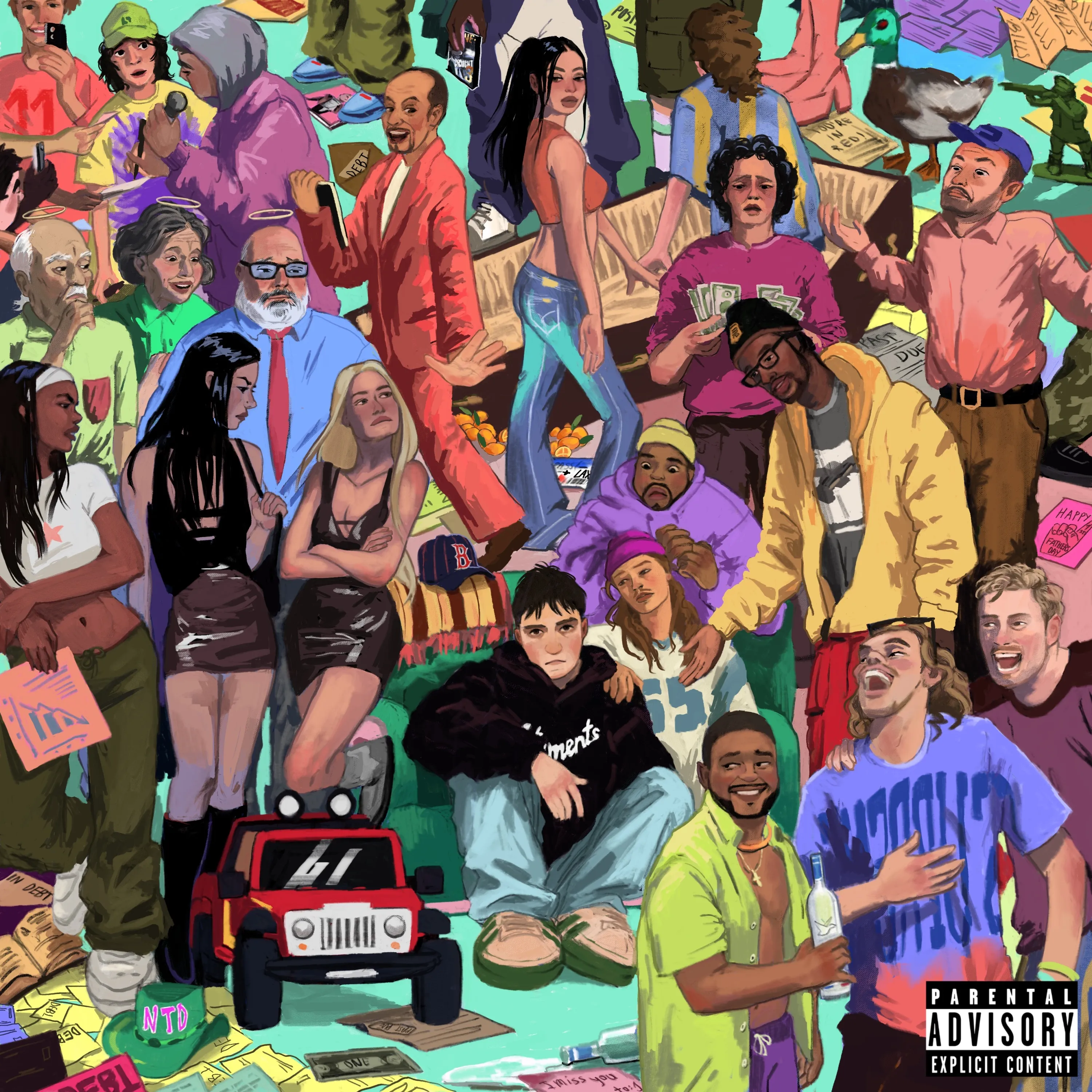 Vibrant illustration of diverse group of people with money, cars, and colorful clothing celebrating on bright turquoise background.