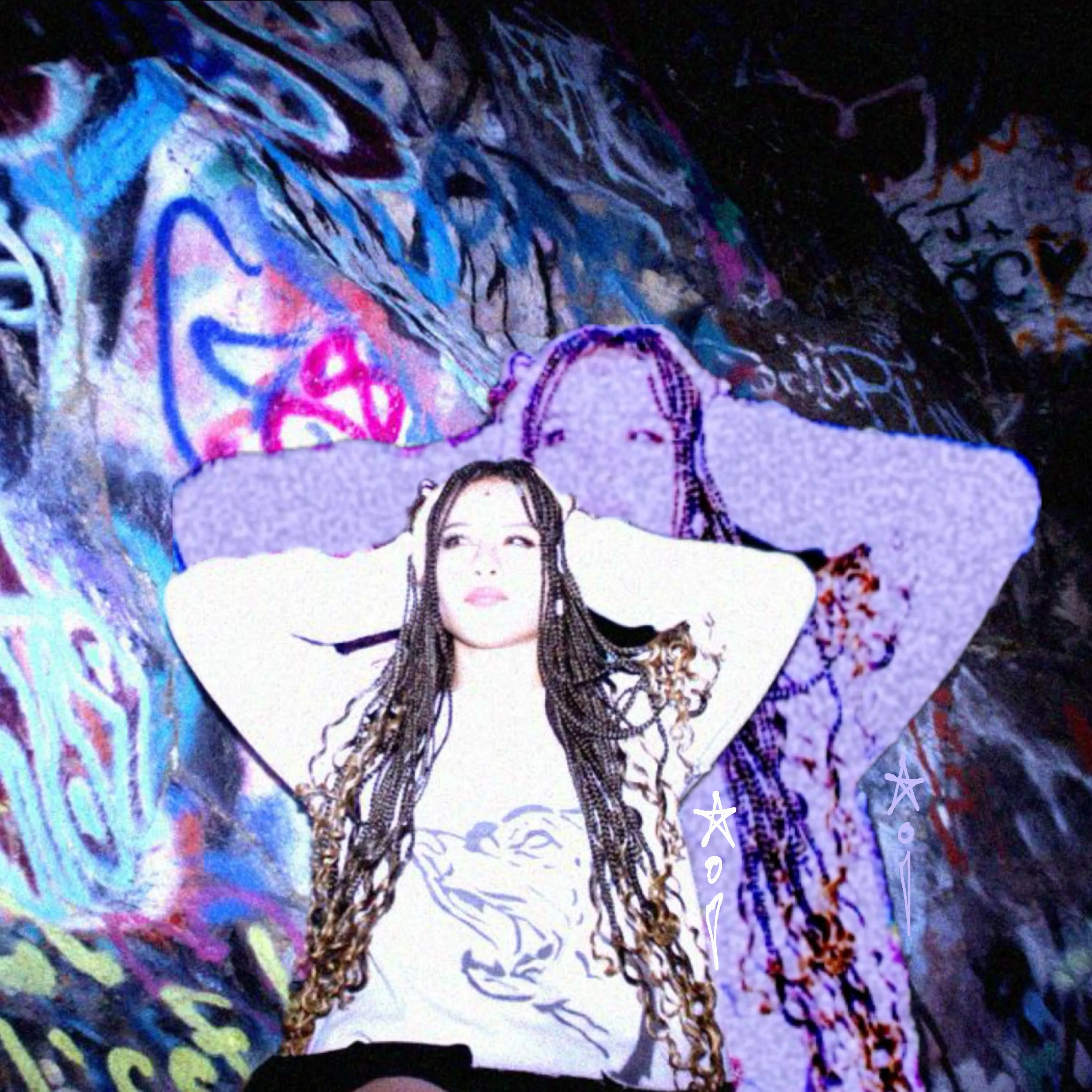 Woman with braids posing against vibrant neon graffiti wall art background