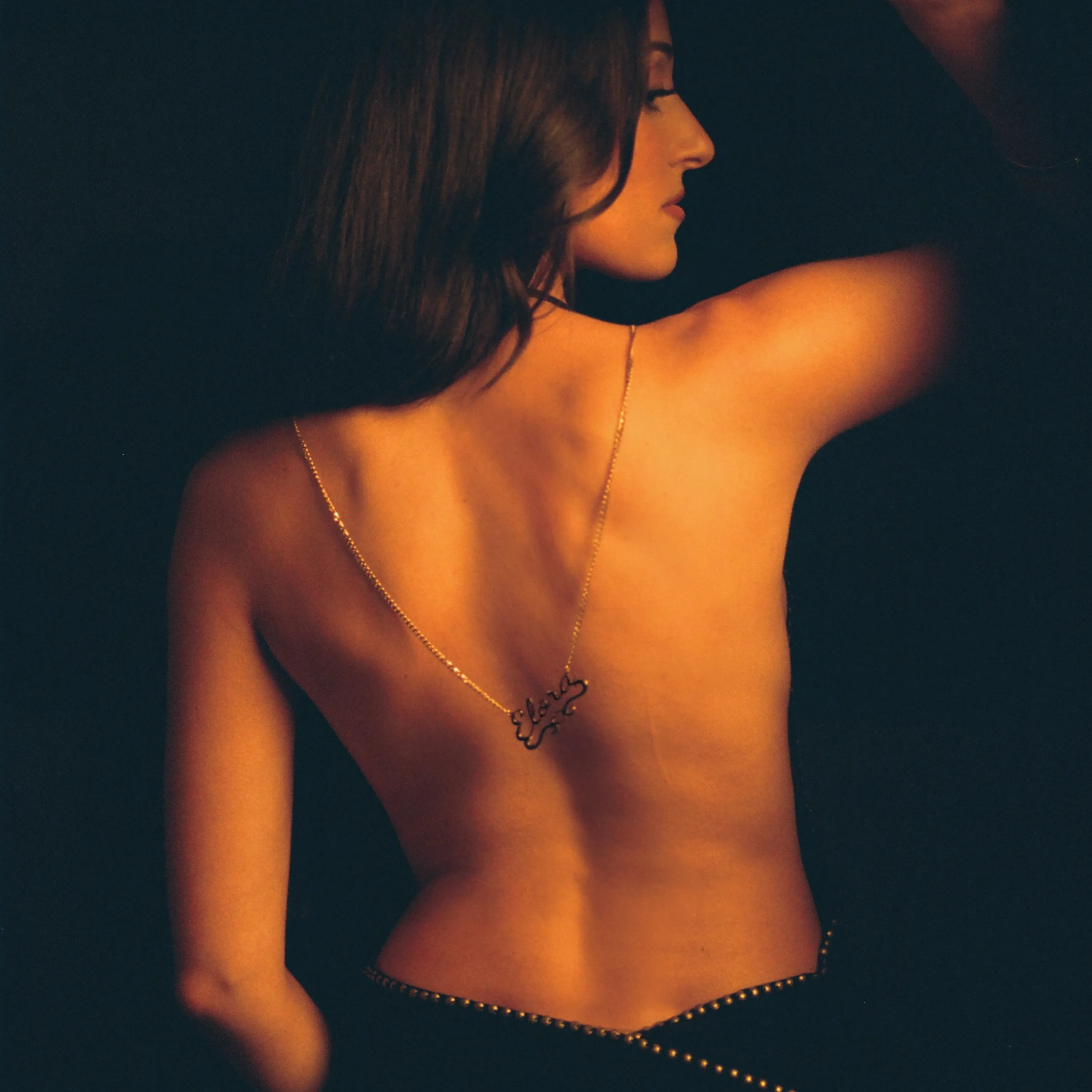 Woman with dark hair shown from behind wearing gold pendant necklace against dark background