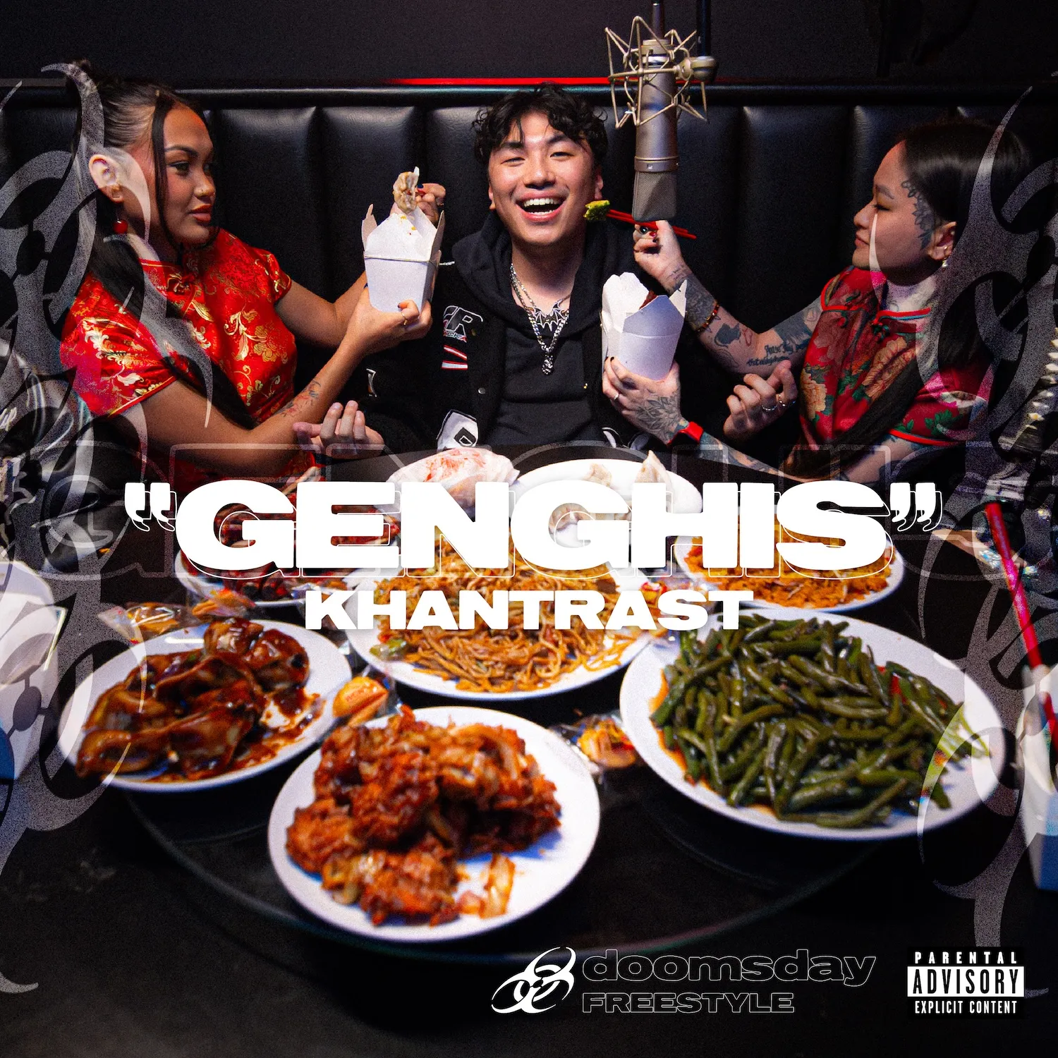 Five people eating Asian food at recording studio with microphone and red neon light