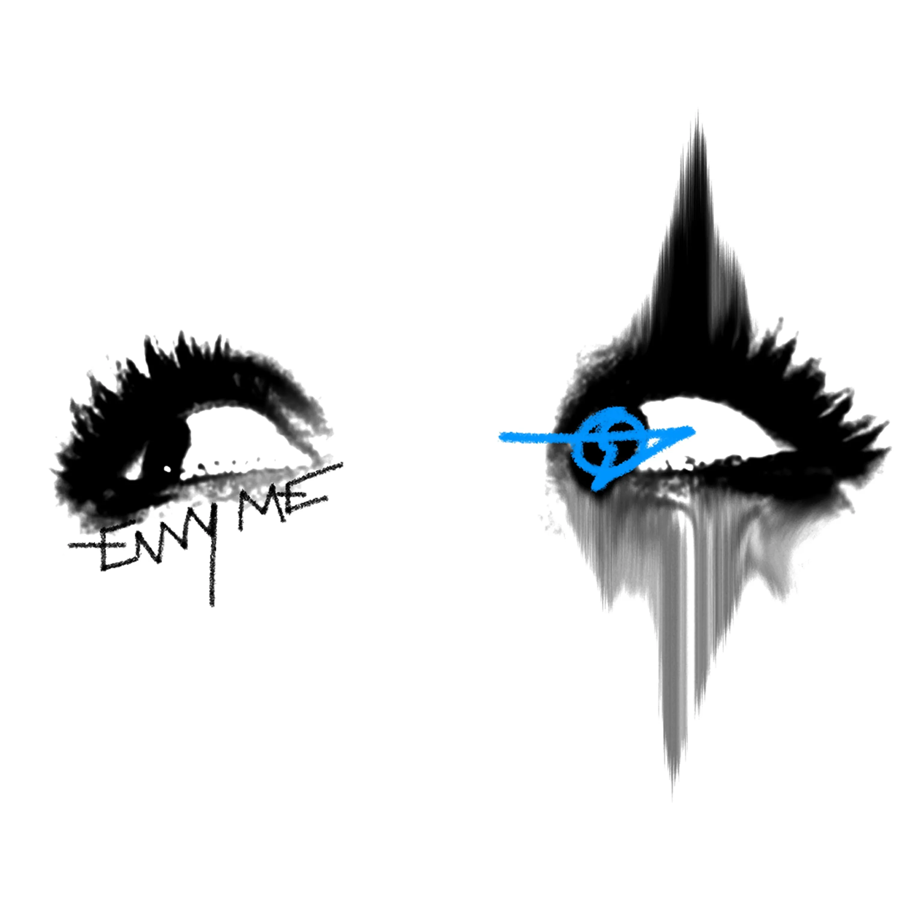 Two stylized eyes with spiky black hair, one labeled "ENVY ME" with blue symbol in center