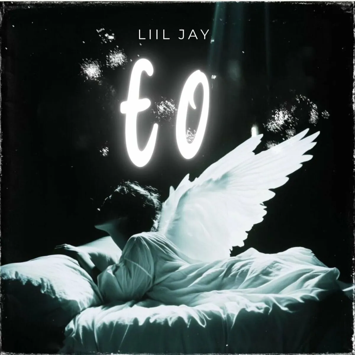 Liil Jay's "60" album cover featuring winged figure sleeping on bed, glowing numbers, dark aesthetic