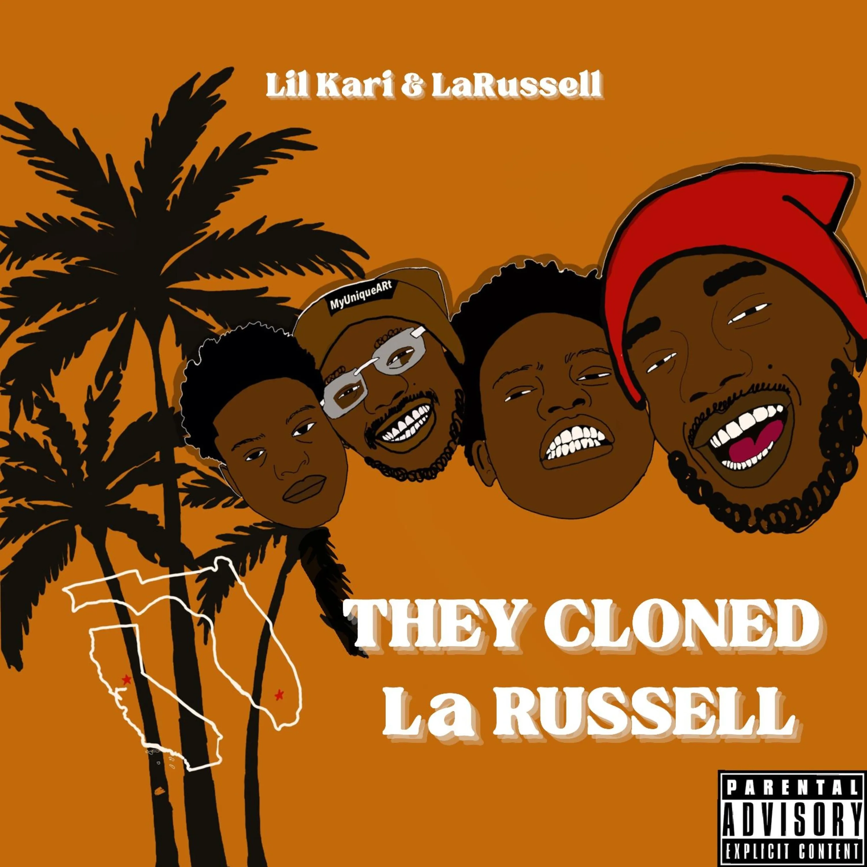 Album cover for "They Cloned La Russell" by Lil Kari and LaRussell featuring four illustrated faces
