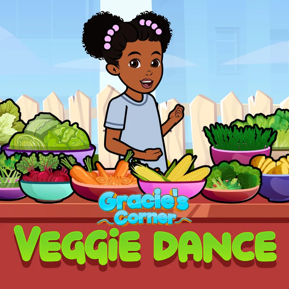 Young girl with purple hair clips surrounded by colorful vegetables in bowls, Gracie's Corner Veggie Dance