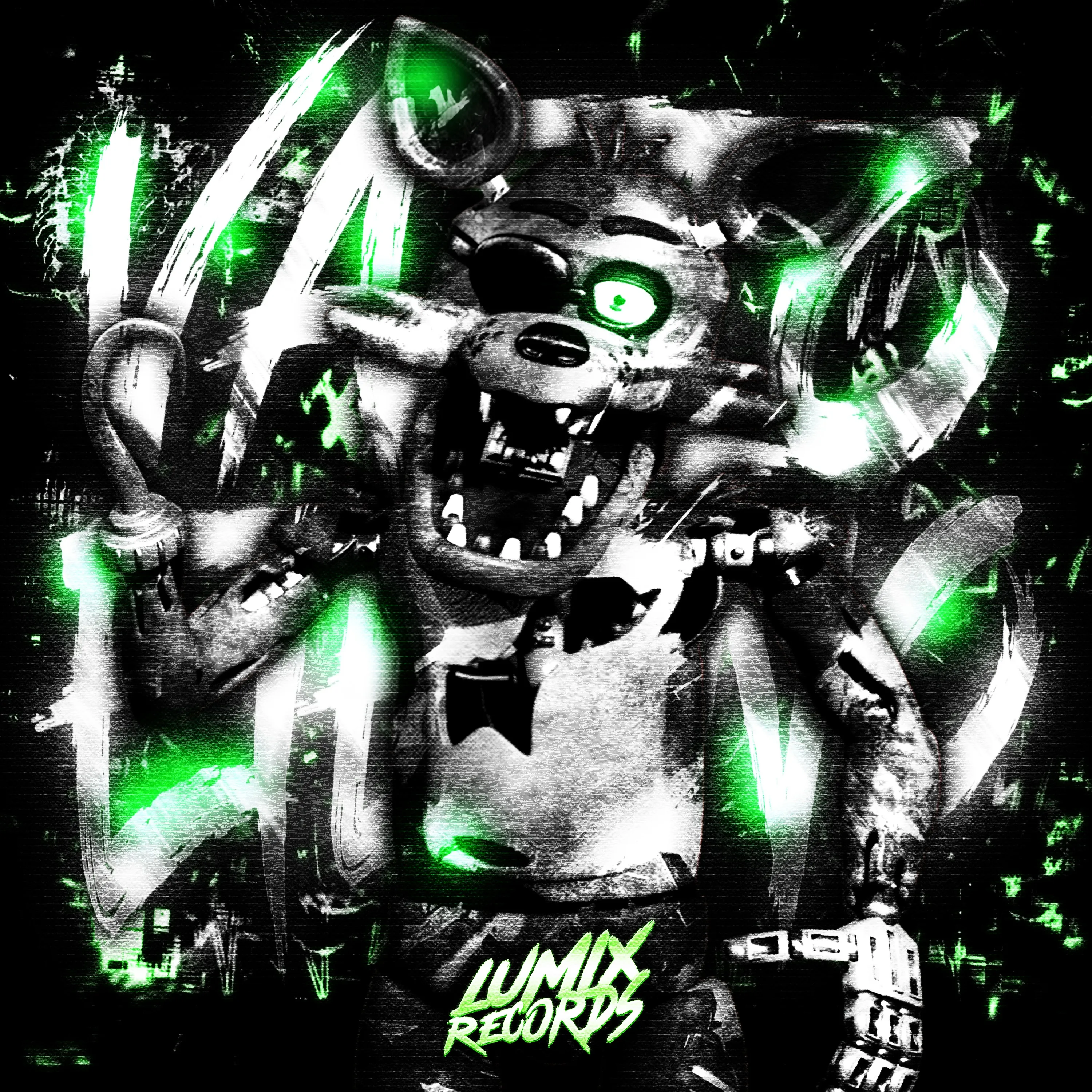 Glitchy animatronic mascot with green glowing eyes holding weapons, LUMIX Records logo.