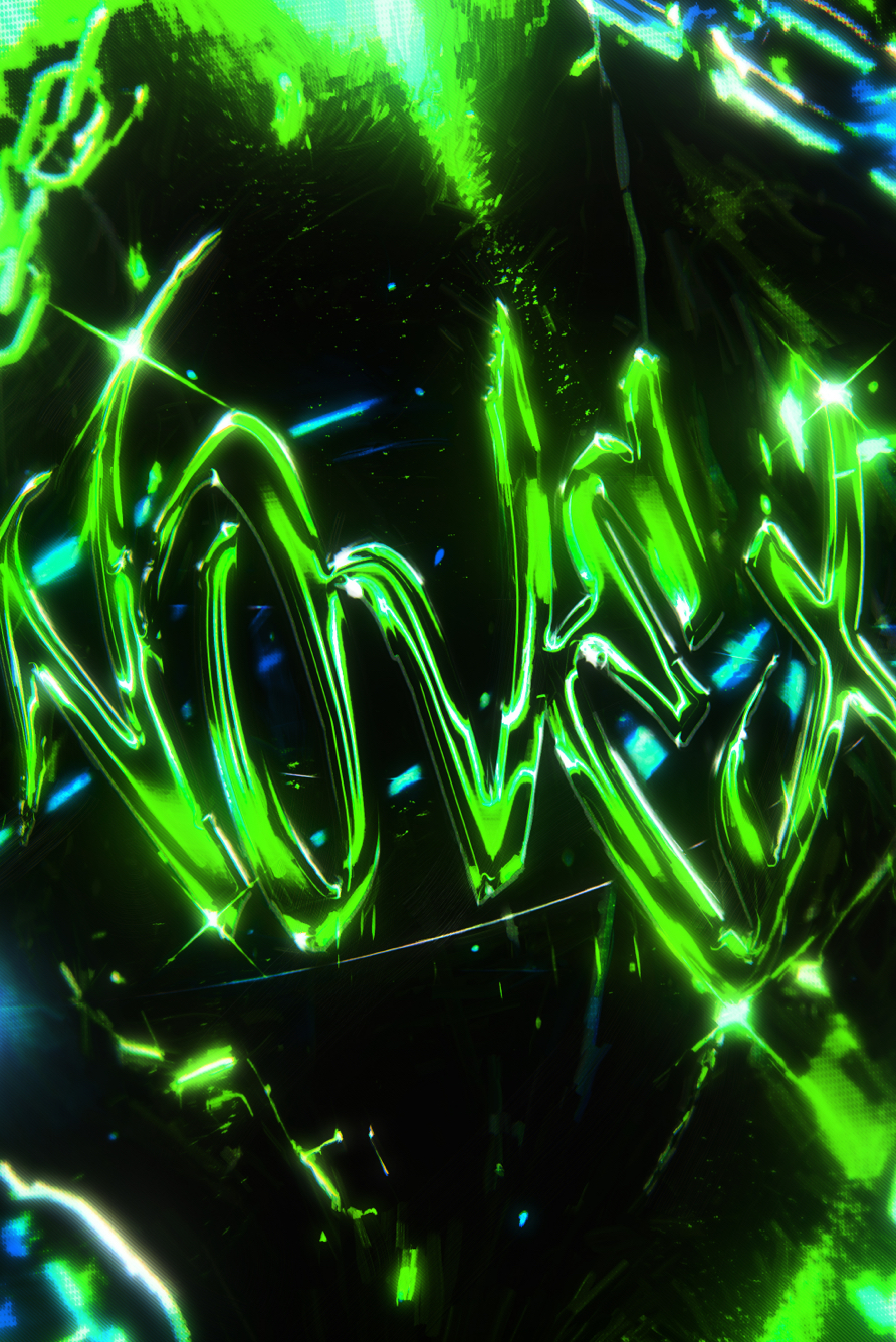 Vibrant neon green and blue glowing abstract digital art on black background