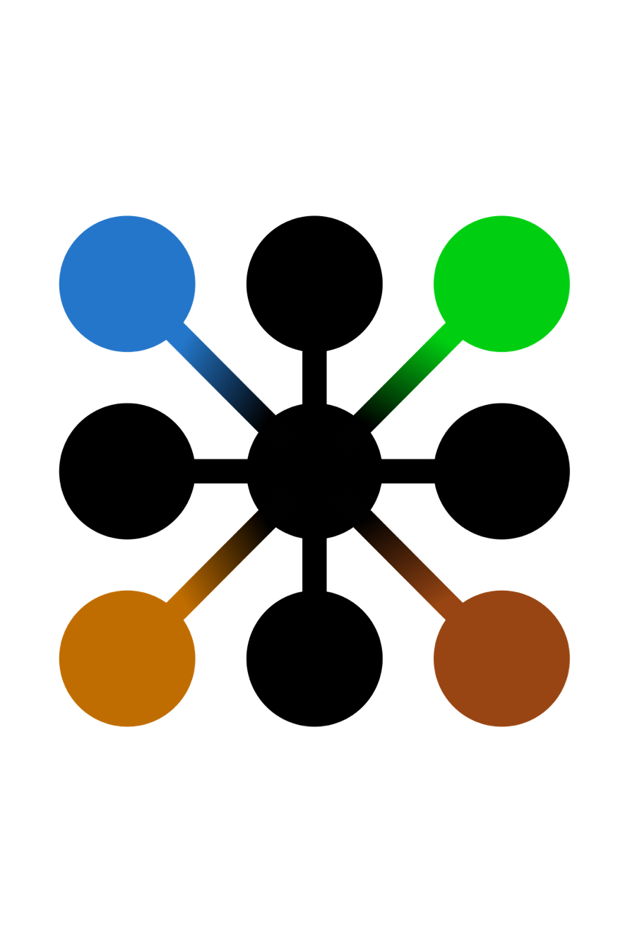 Network diagram with central hub connected to colored nodes representing interconnected relationships and data flow