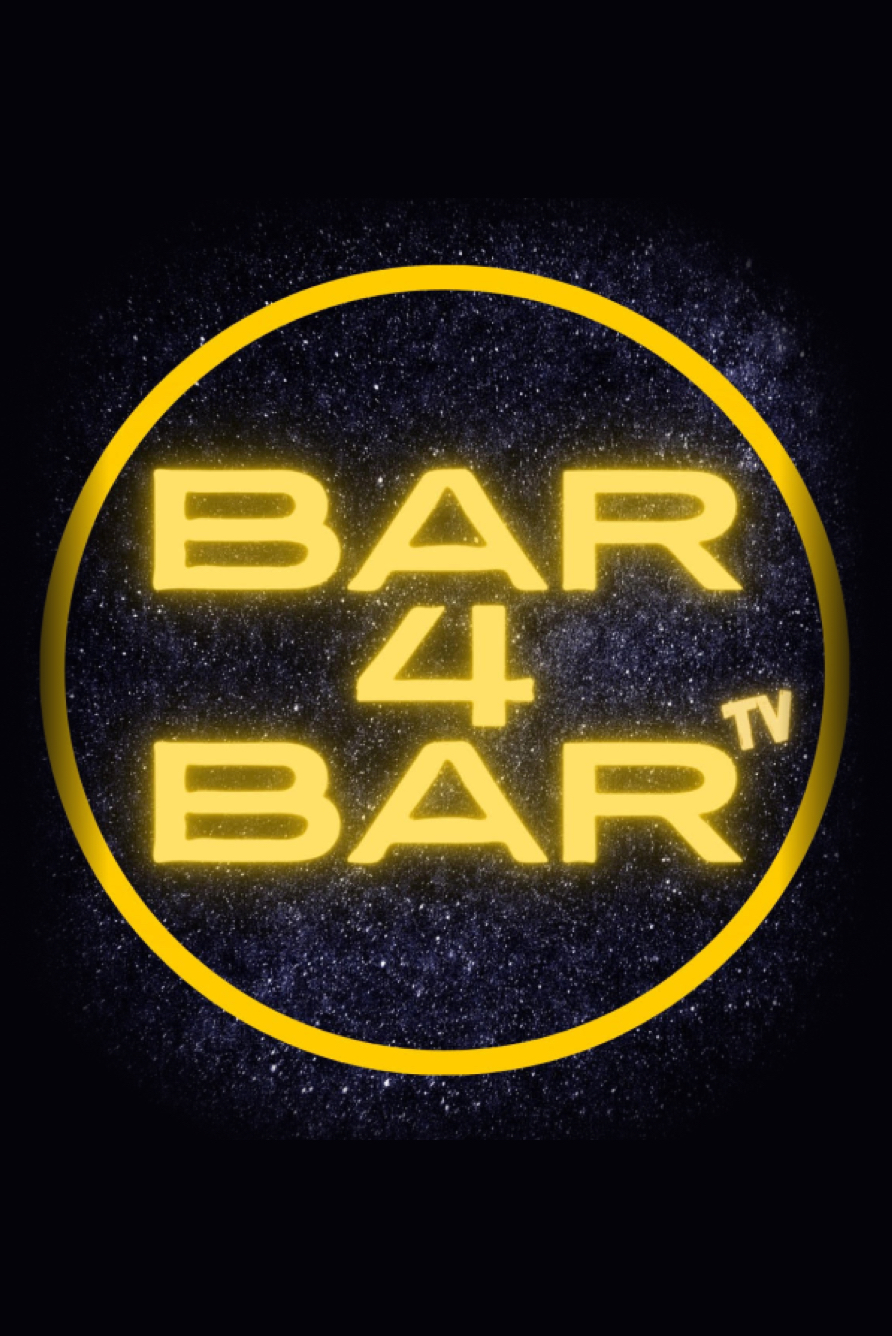Bar 4 Bar TV logo with golden text in circular frame on starry background