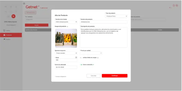 Pantalla con la informacion del producto a dar de alta