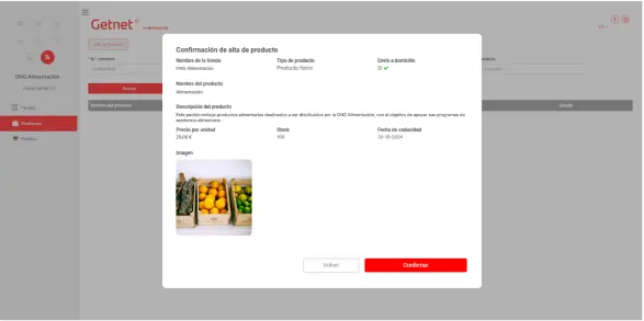 Pantalla con los datos del producto ya introducidos