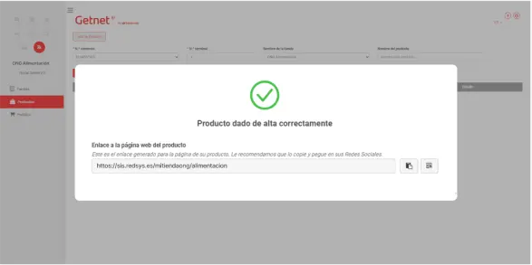 Pantalla donde te informa que el produto ha sido dado de alta
