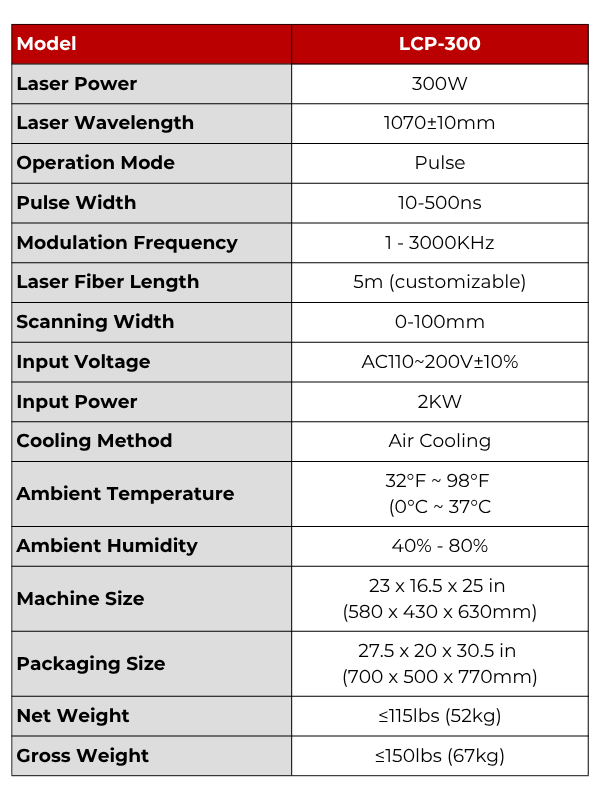 Laser Clean Machine Tech Specs