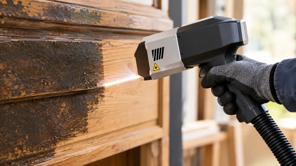 Handheld laser cleaner removing dark coating from a wooden surface.