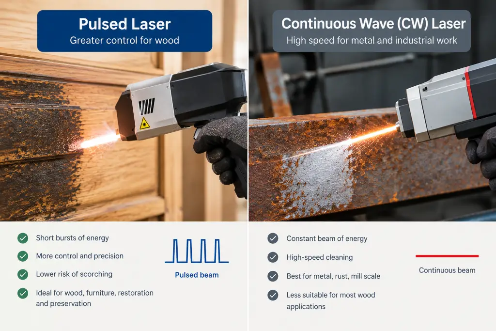Comparison of pulsed and continuous wave lasers for wood and metal cleaning applications.