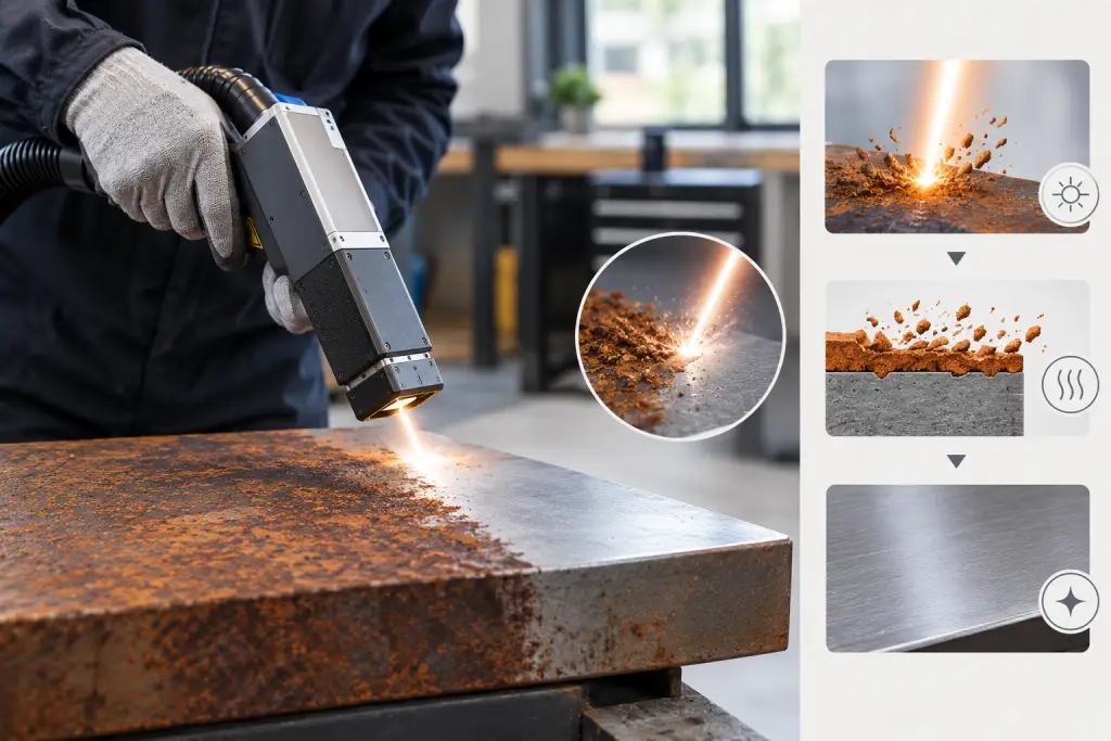 laser cleaning machine removing rust from a metal surface