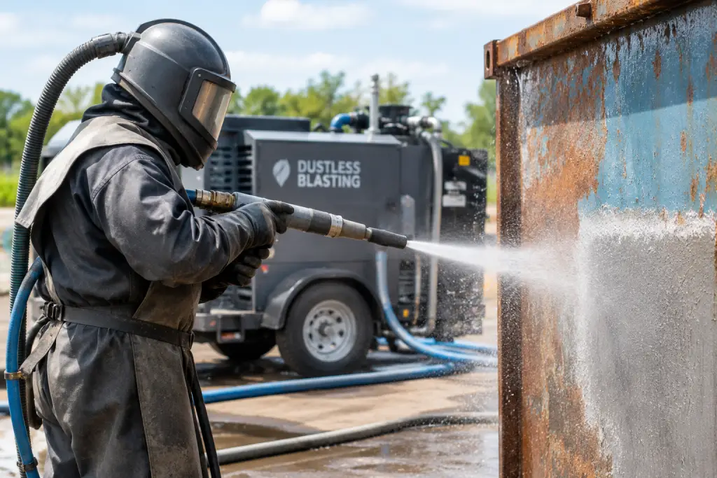 Worker using dustless blasting equipment to remove rust and paint from a metal surface