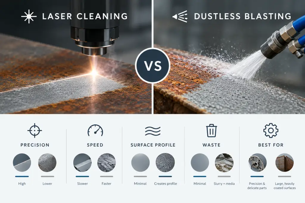 Visual comparison of laser cleaning and dustless blasting, showing differences in precision, speed, surface profiling, waste, and ideal applications.