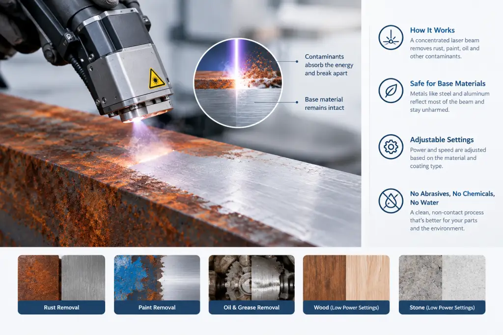 Laser cleaning machine removing rust, paint, and contaminants from a metal surface