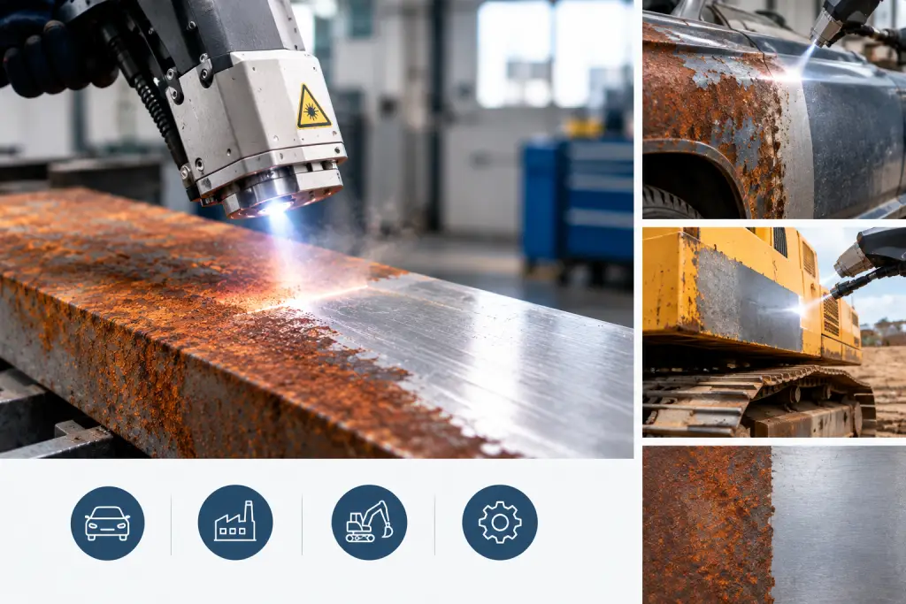 Laser cleaning machine removing rust from metal surfaces for automotive and industrial applications