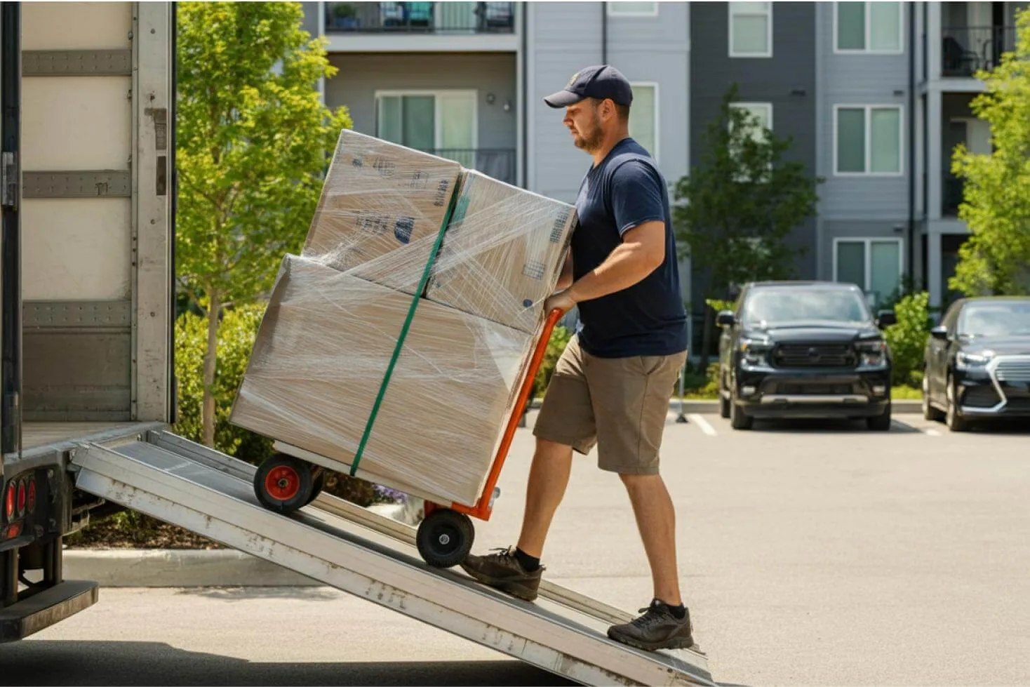 Movers helping middle age woman move into a new home