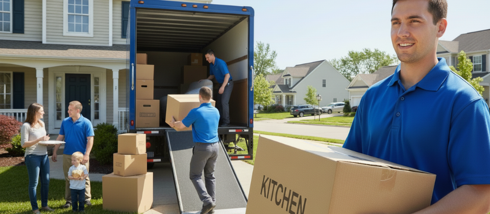 professional mover holding a packing box labeled kitchen, with a crew loading a moving truck and a happy family standing in front of their suburban home in Columbus Ohio