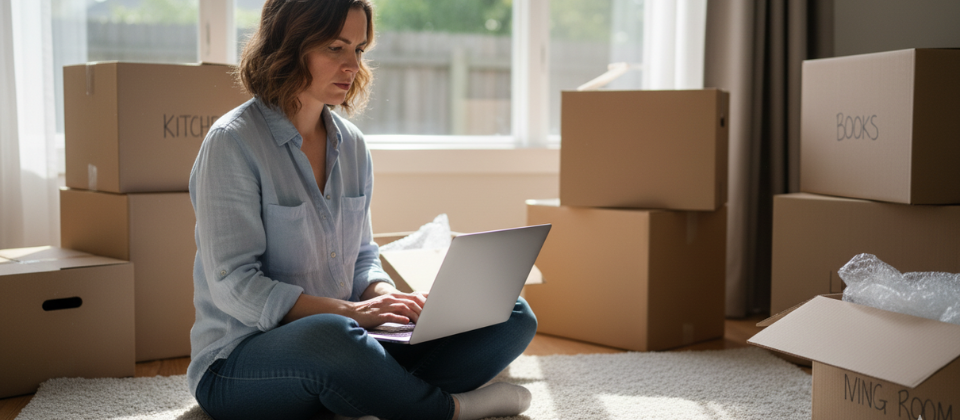 Columbus Ohio homeowner researching best moving companies for her move, laptop and moving boxes visible. Hero image for moving company reviews.