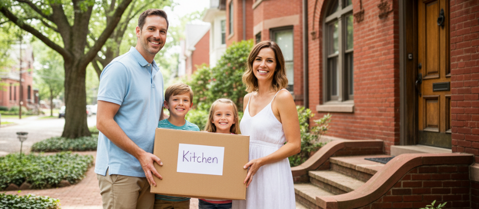 Family holding moving boxes in front of a historic brick home in German Village, Columbus, Ohio.