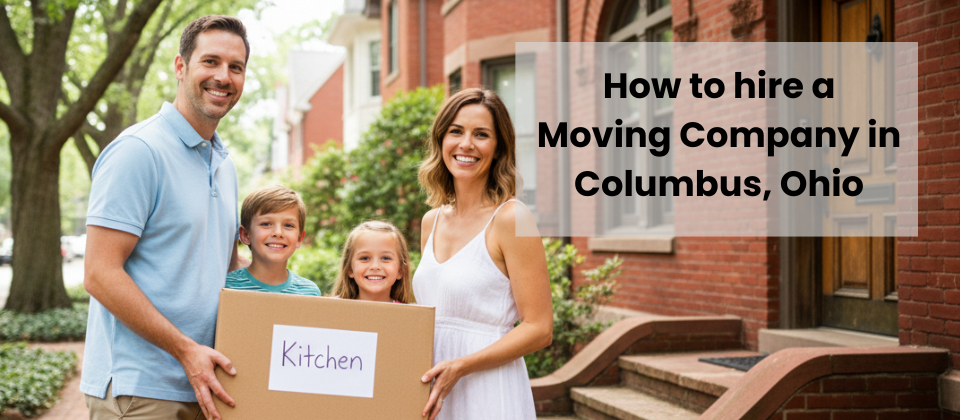 Happy couple holding moving boxes outside a historic red brick home in German Village, Columbus.