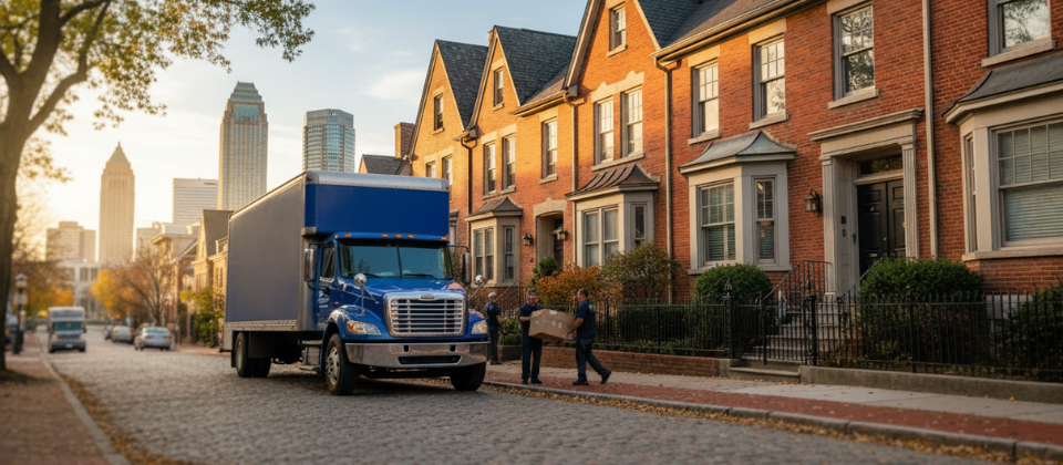A professional moving truck parked on a brick street in German Village, showcasing the local expertise required for navigating historic Columbus neighborhoods.