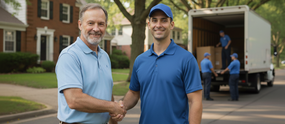 A homeowner shaking hands with a uniformed mover from a PUCO-certified company in front of a moving truck on a residential street in Columbus.