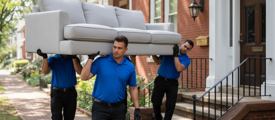 Professional movers carrying a sofa up the steps of a historic brick home in German Village, Columbus, Ohio.