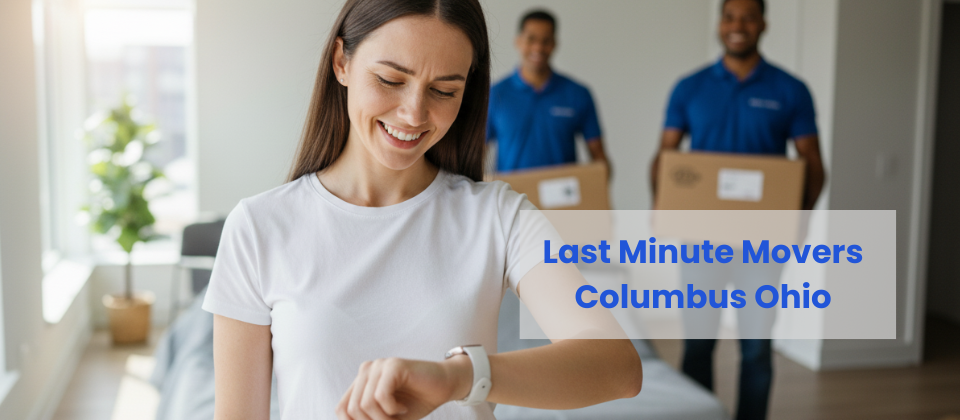 Trusted movers in royal blue shirts providing safe same day moving services in Central Ohio while a customer looks on with relief, having avoided moving scams.