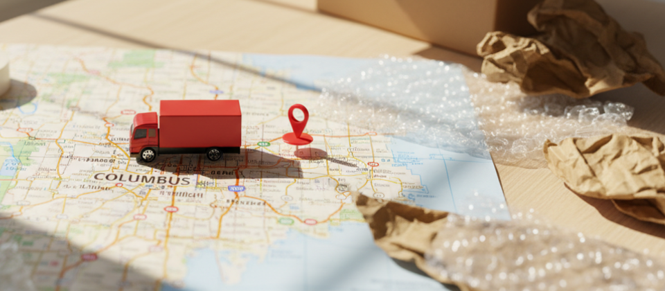 A map of Columbus, Ohio, marked with a route and surrounded by packing supplies, illustrating the logistical differences between national van lines and local movers.