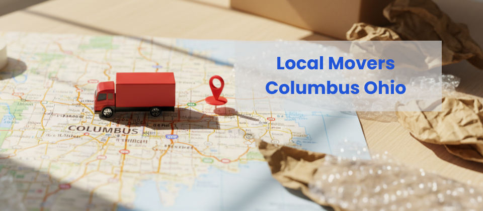 Top-down view of a Franklin County map with a moving truck route pin, representing the strategic planning required for navigating Columbus neighborhoods.