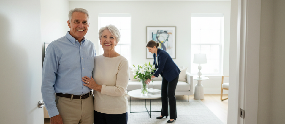 A smiling senior couple standing in their new, fully organized apartment while a professional move manager arranges books on a shelf, demonstrating the benefits of full-service senior relocation in Columbus.