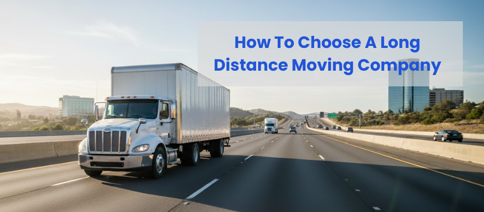 An interstate moving truck traveling on a highway, representing the transportation services provided by Columbus, Ohio movers for cross-country relocations.