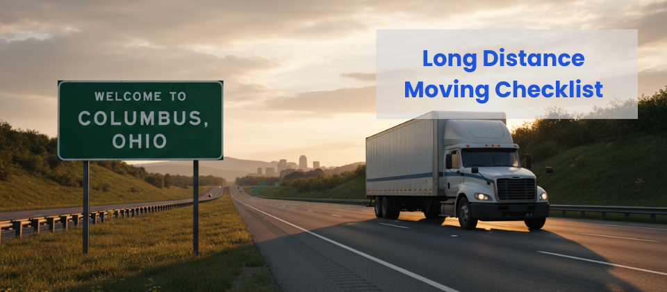 Long distance moving truck traveling on a scenic road leaving Columbus.