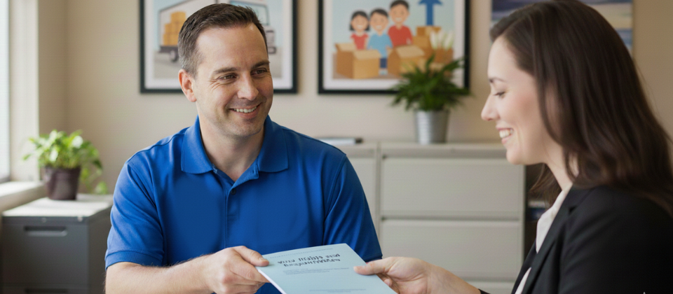 E.E. Ward mover handing the Rights and Responsibilities booklet to a customer in Columbus.