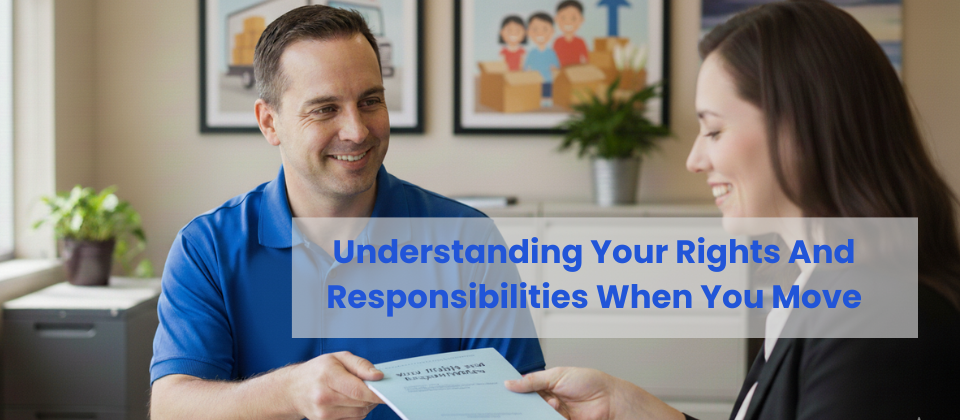 Professional mover providing the federal Your Rights and Responsibilities guide to a client.