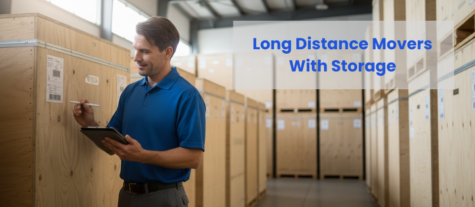 Interior of a professional moving warehouse in Columbus, Ohio, featuring stacked wooden vaults for Storage-in-Transit (SIT) and a logistics expert managing a long-distance move inventory.