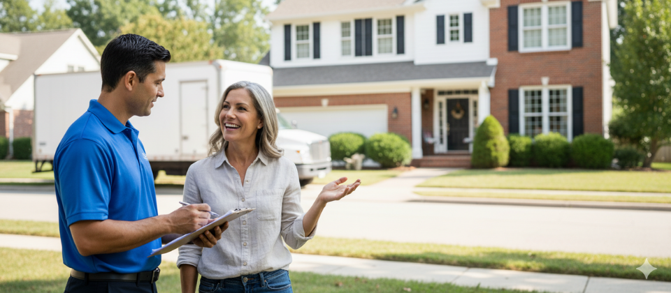 Professional movers consulting with homeowner in Columbus, Ohio.
