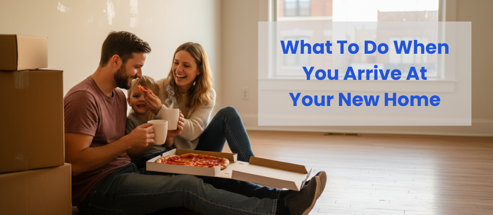  couple relaxing with coffee amidst E.E. Ward moving boxes, illustrating how to de-stress and settle into a new home in the Columbus area.