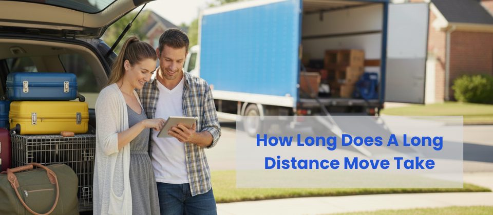 Calm residents reviewing their moving timeline on a tablet in a Columbus driveway while preparing for an interstate move.