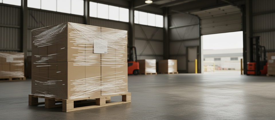 A professionally shrink-wrapped pallet of moving boxes sitting on a loading dock, illustrating cost-effective LTL freight shipping for small long-distance moves.