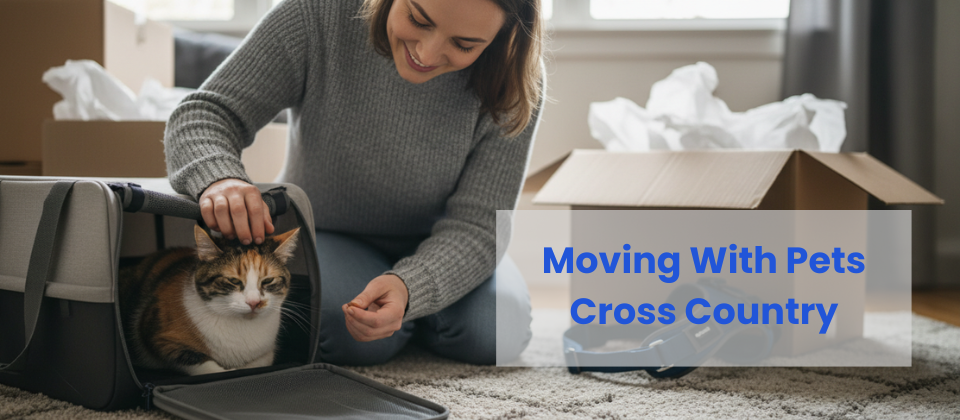 Owner calmly interacting with cat near moving boxes
