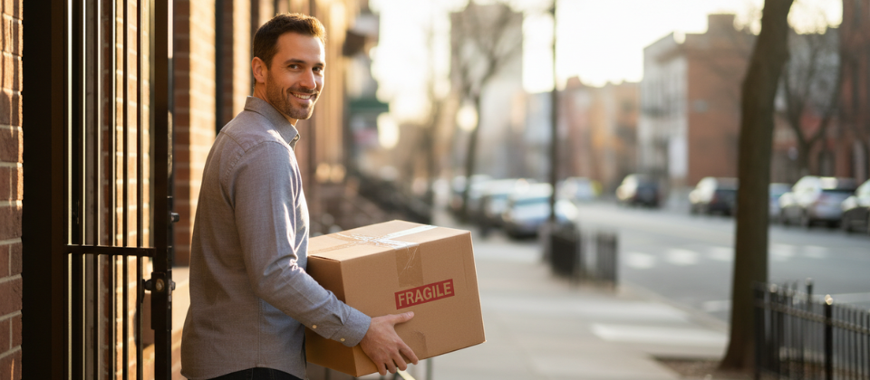 A smiling professional carrying a moving box during a corporate relocation in Columbus, Ohio, supported by EE Ward Moving and Storage.