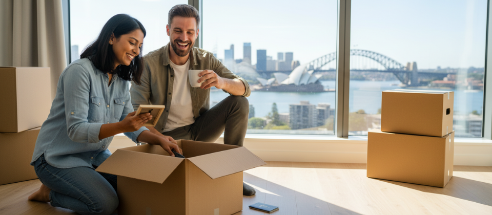 Happy couple from Columbus Ohio unpacks in a new apartment with a view of the Sydney Opera House and Harbour Bridge.
