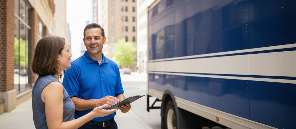 mover holding a clipboard and discussing a moving quote with a customer in front of a branded truck in Columbus, OH.